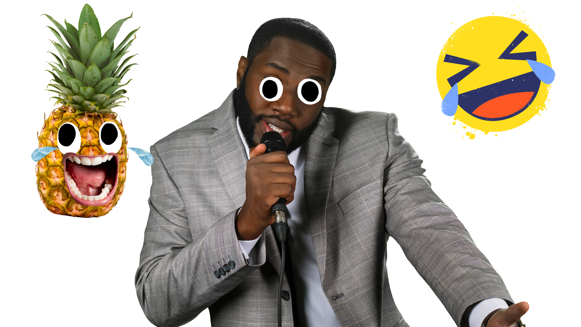 Stand-up comedian on white background with pineapple and laugh emoji