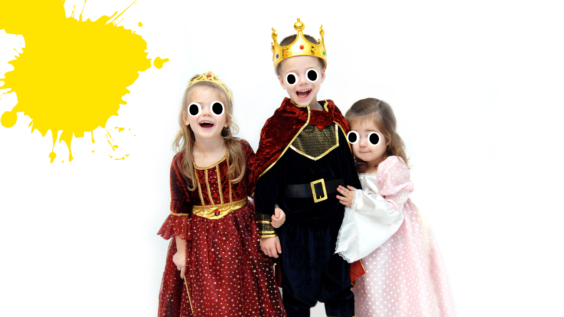 Children dressed as royals on white background with yellow splats