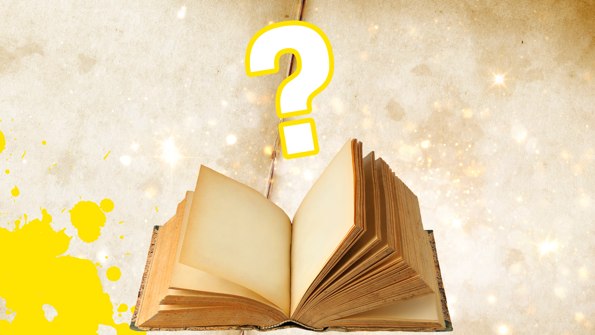 Open book with yellow splat and question mark on paper background