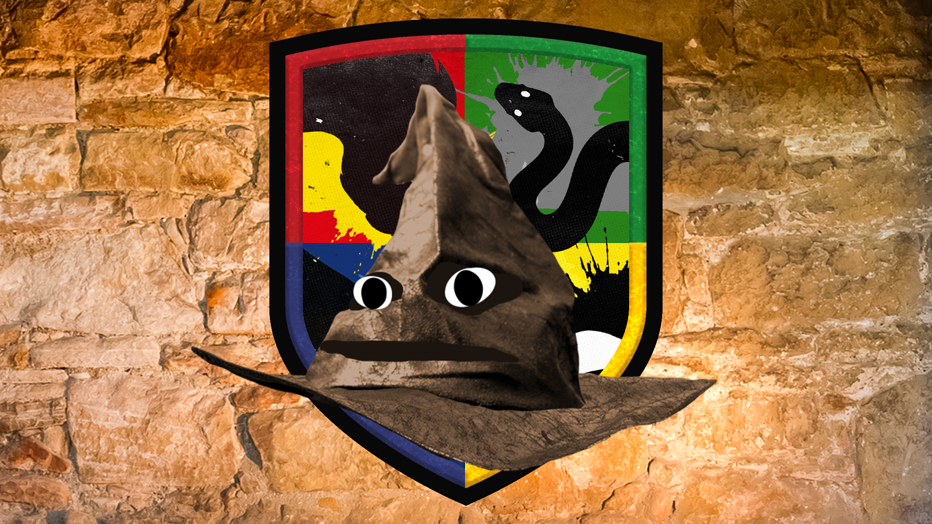 Hogwarts shield and sorting hat on stone background