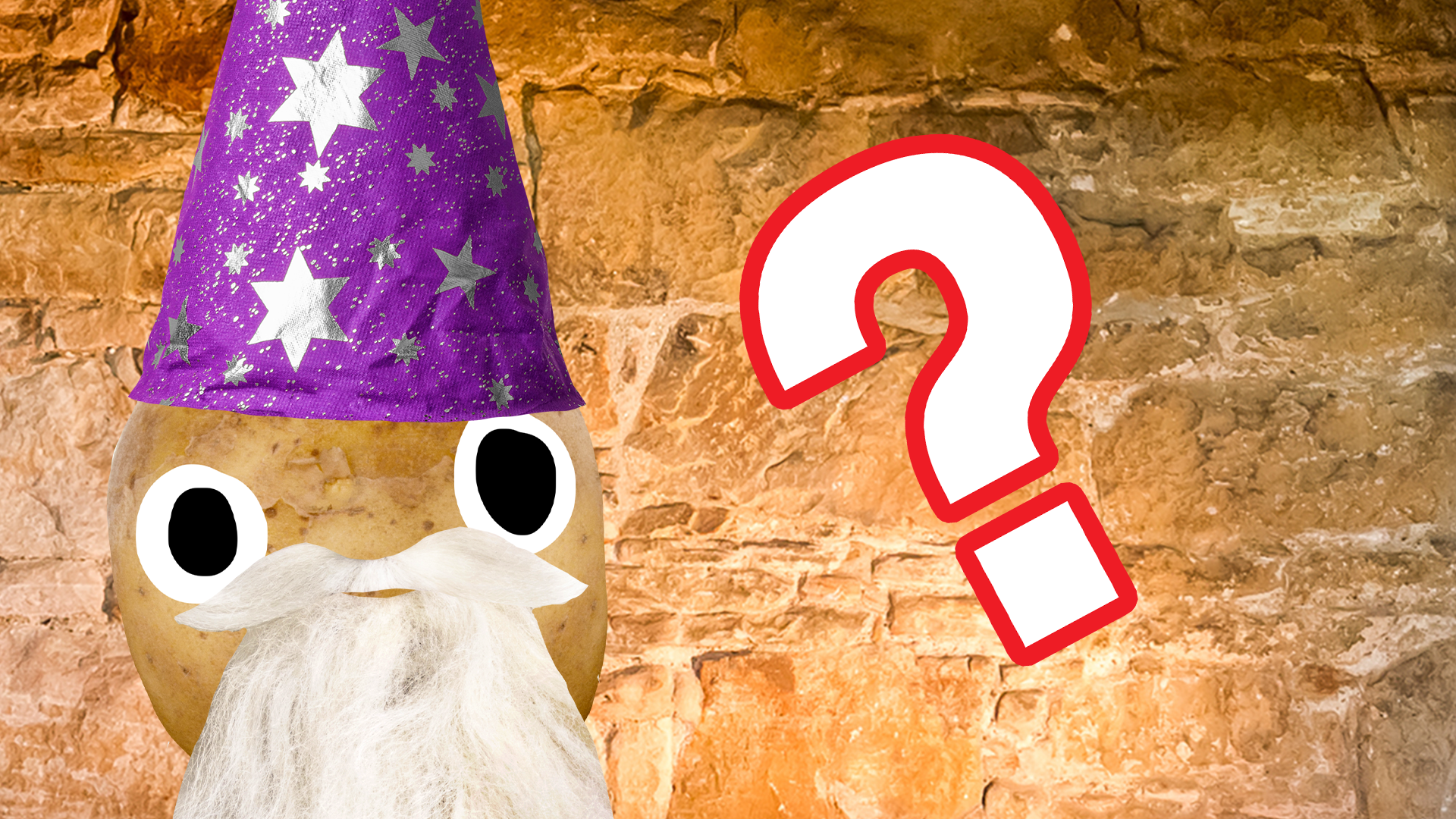 Beano Dumbledore on stone background with question mark