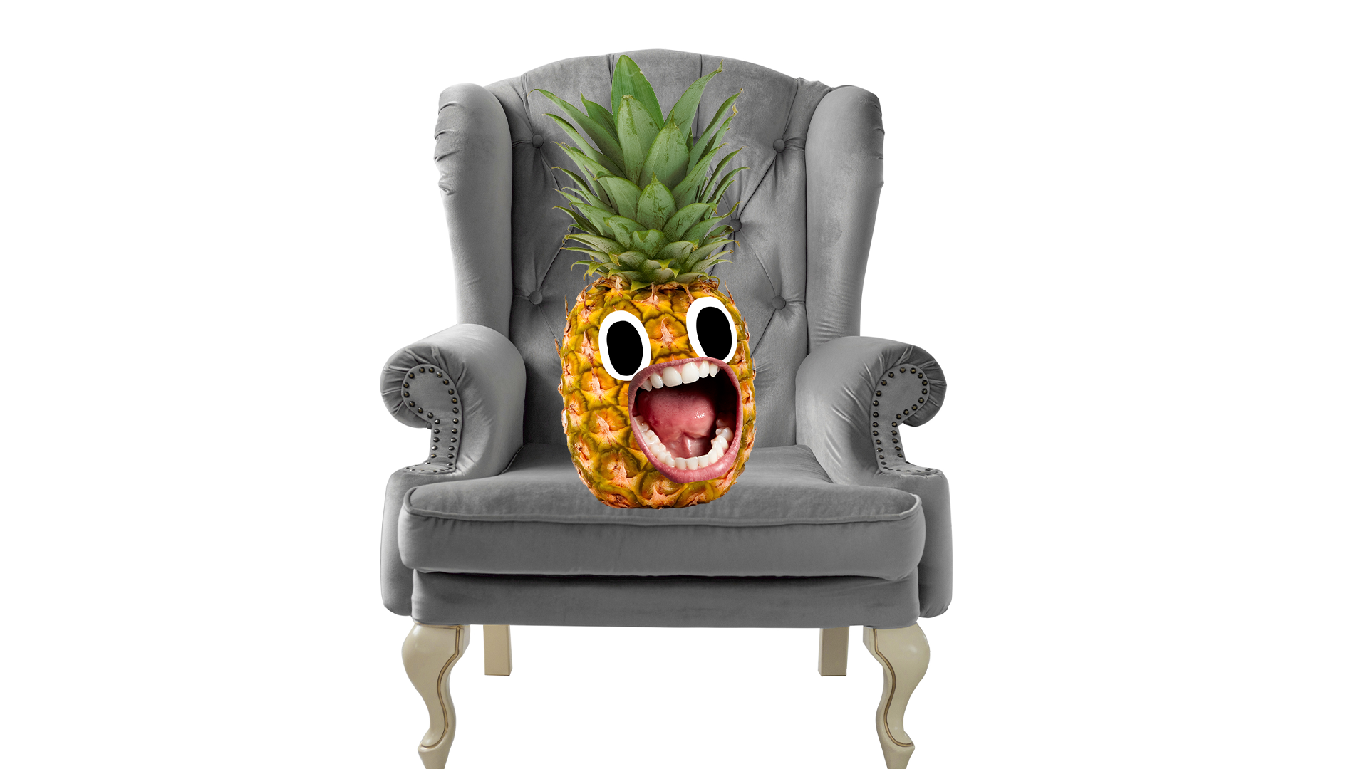 Pinapple sitting in silver chair on white background