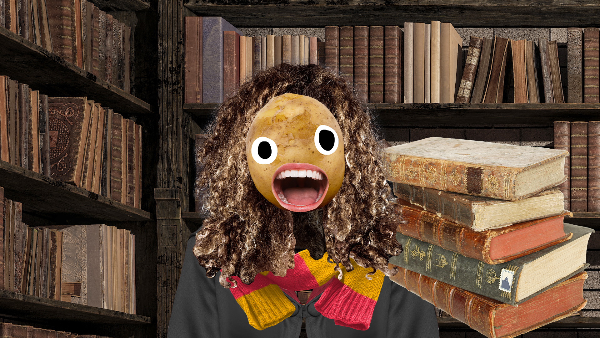 Hermione with books in library