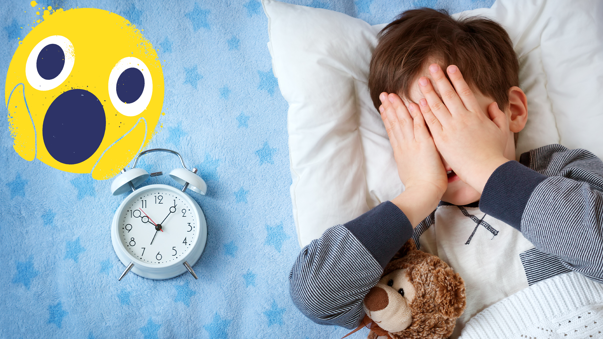 Boy in bed, late, with alarm clock and shocked emoji 
