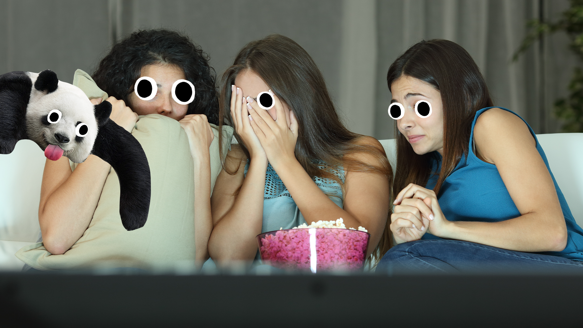 Three girls watching  a movie with derpy panda 