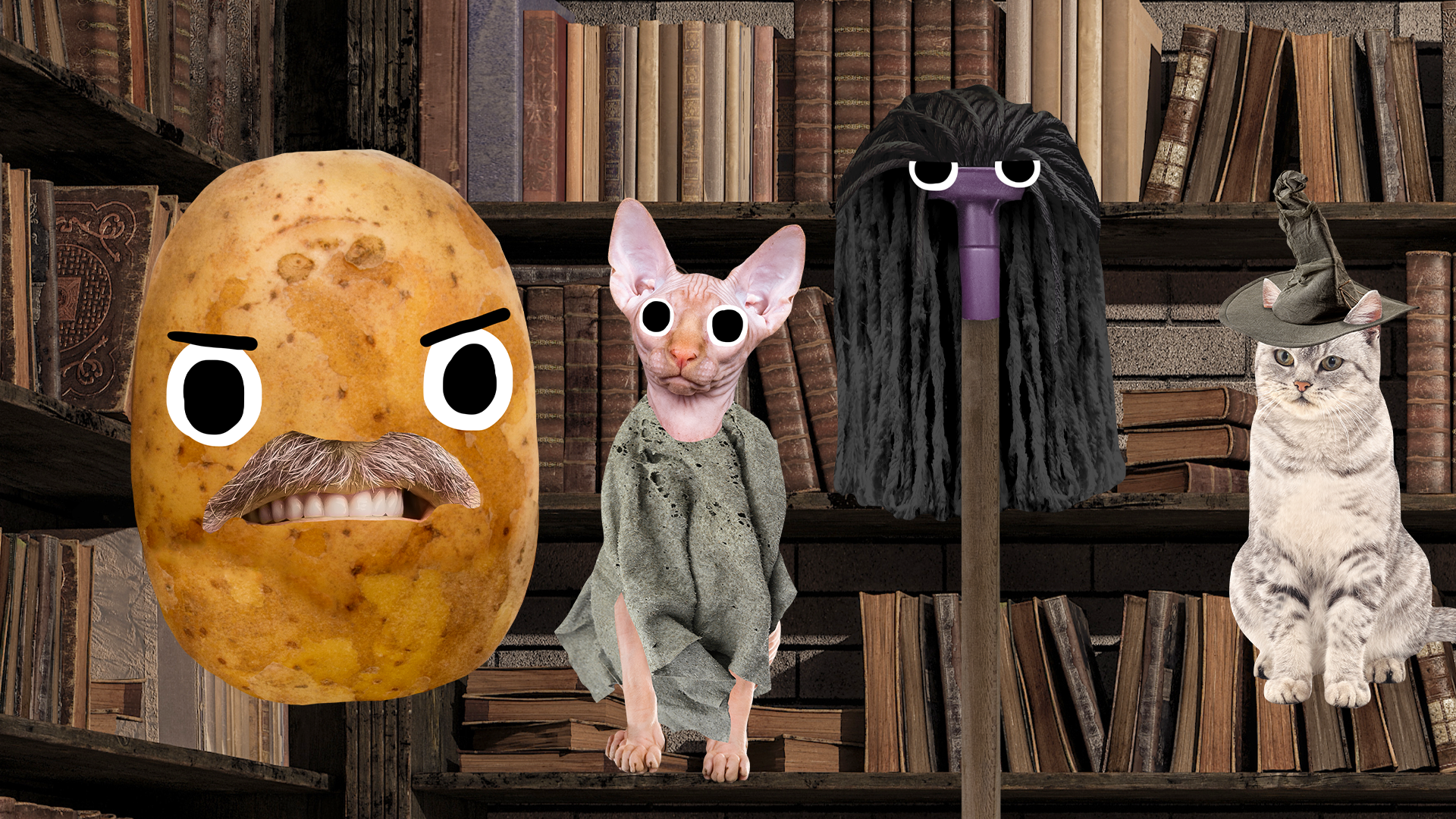 Beano Harry Potter characters on library background
