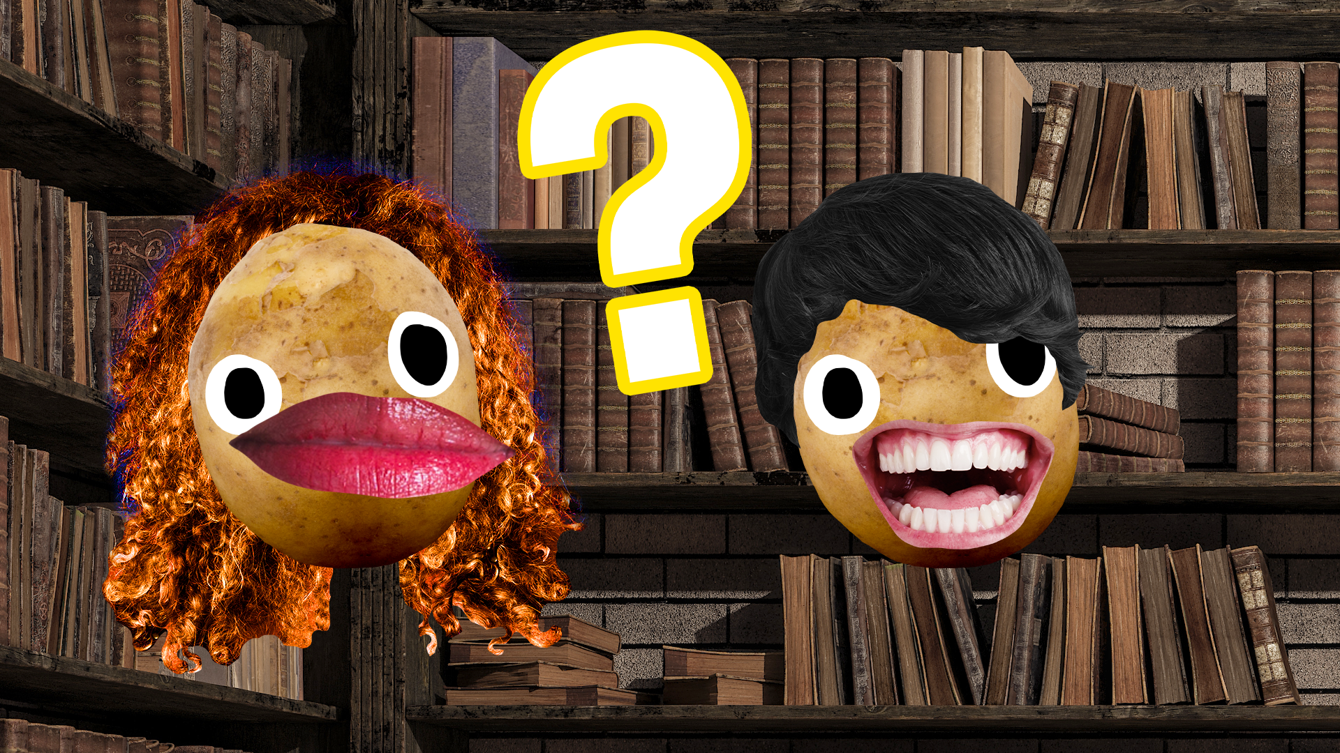 Ginny and Neville potatoes with question mark on library background