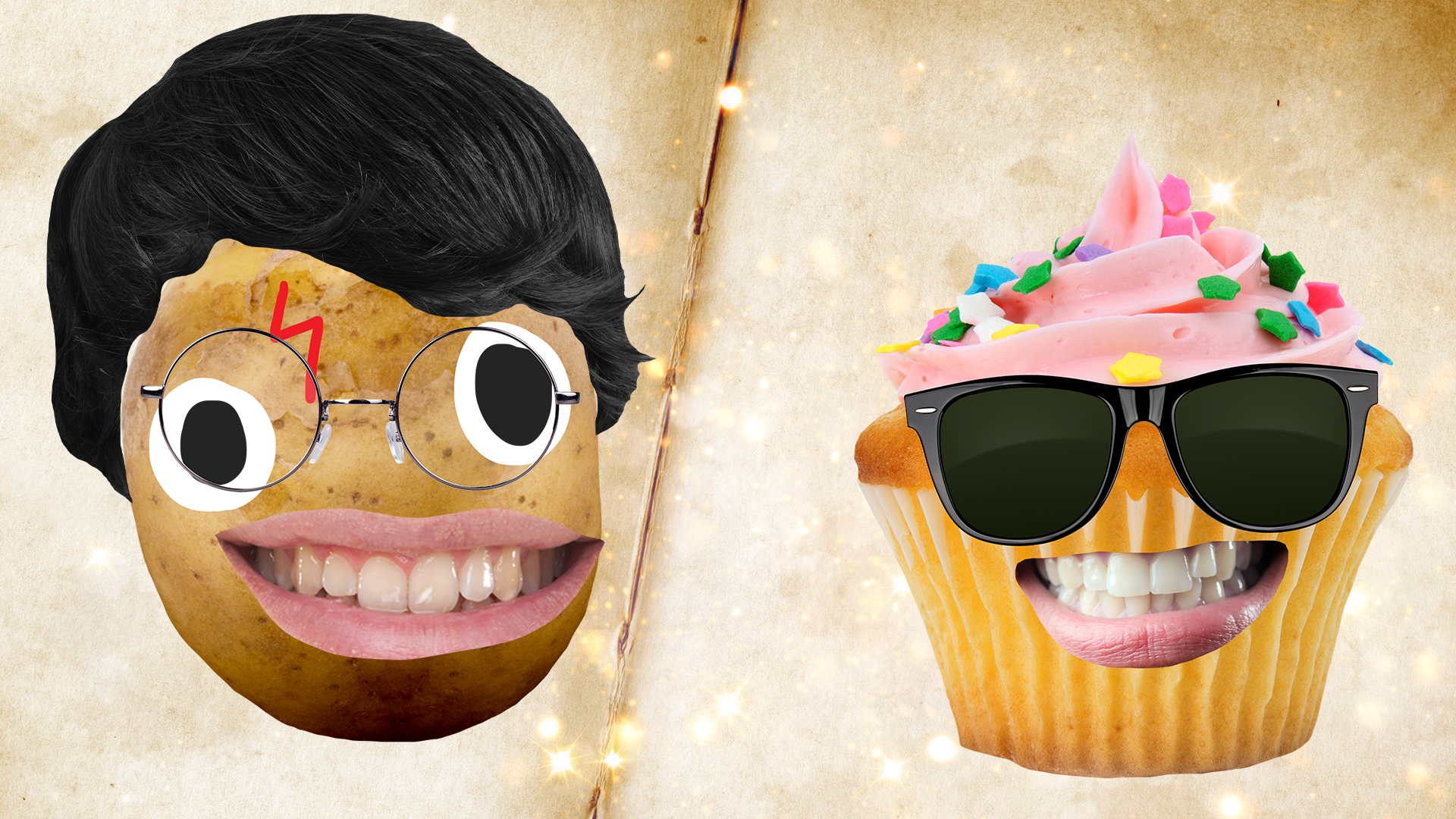 Harry and grinning cupcake on book background