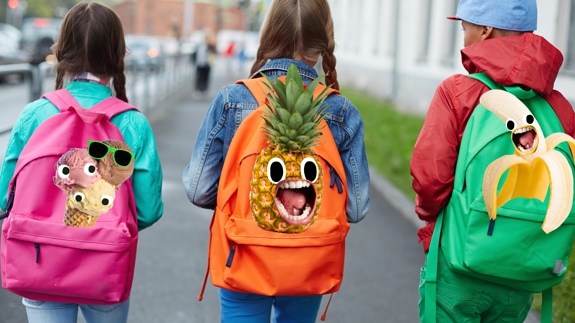 Three kids walking to school with derpy Beano food on their backpacks