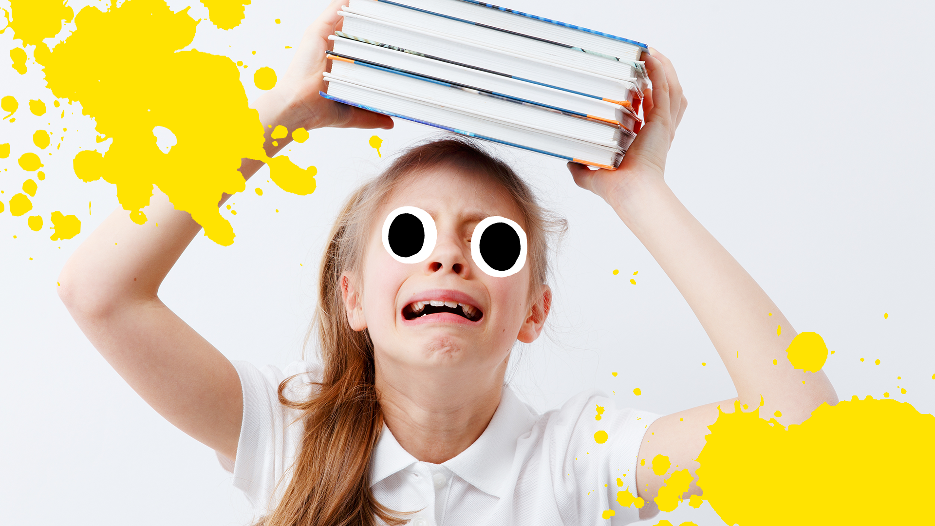 Girl looking upset with stack of books on white background with yelllow splats 