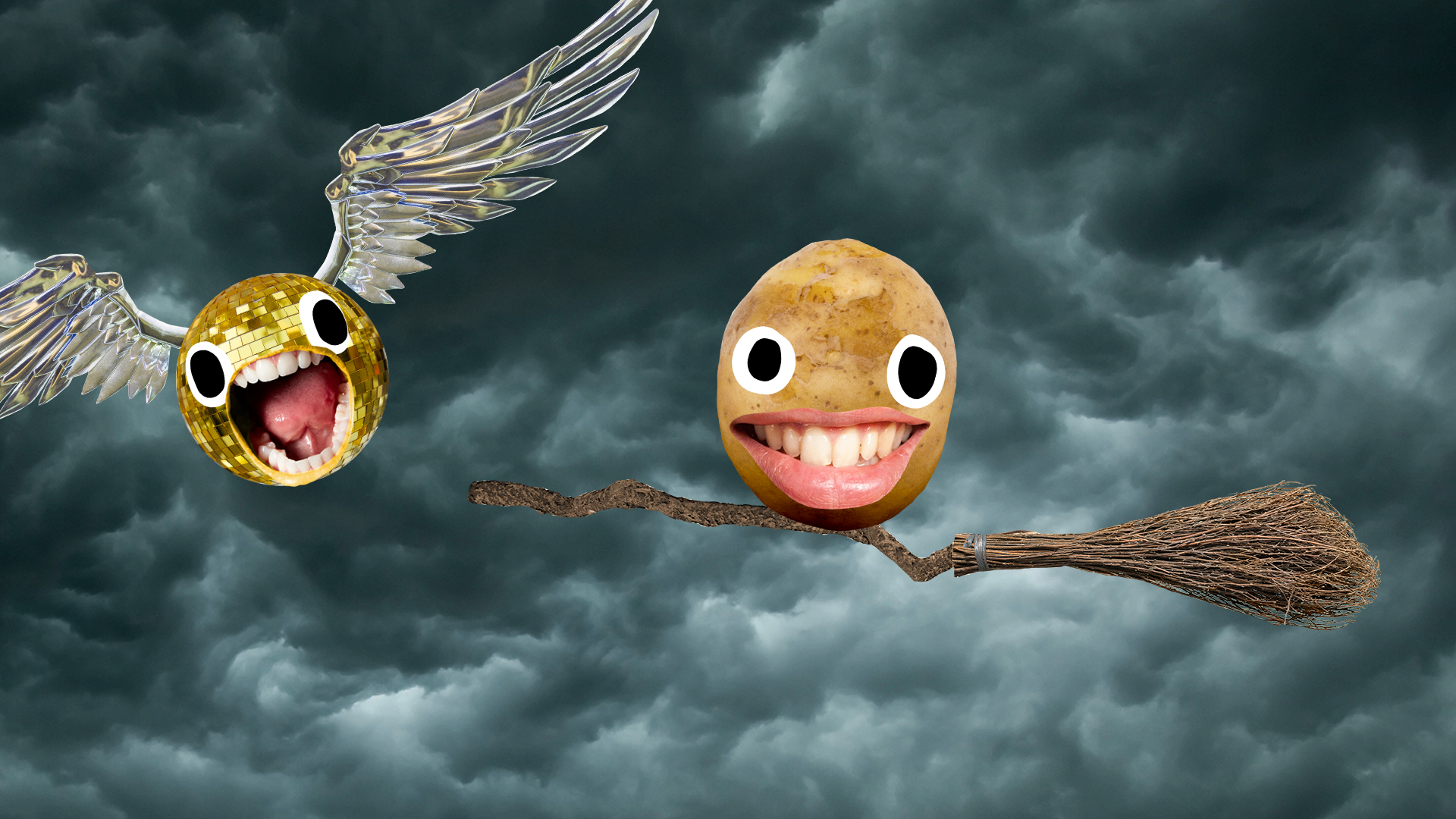 Snitch, potato on broom on cloudy background