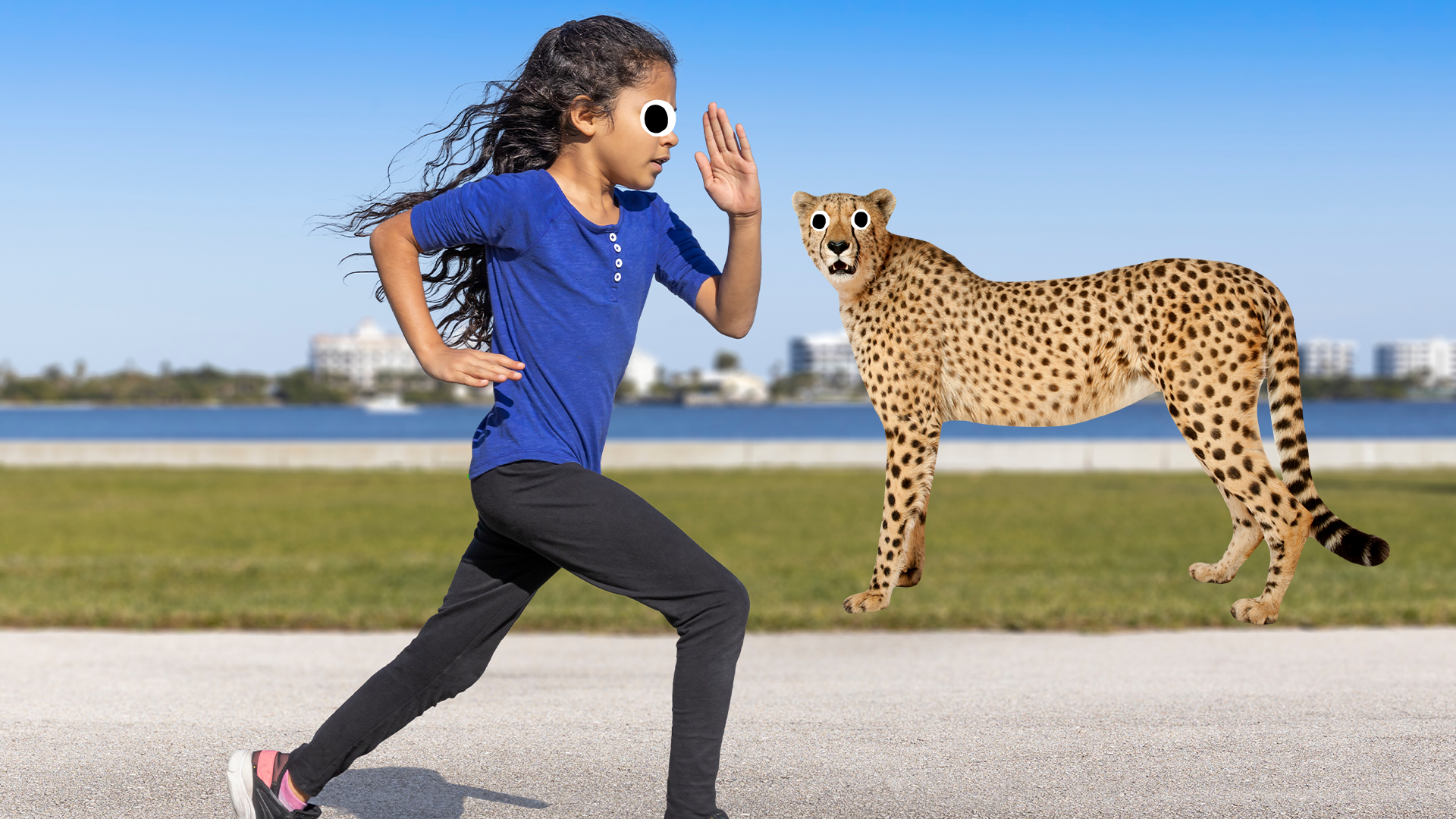 Girl running alongside river with surprised Beano cheetah