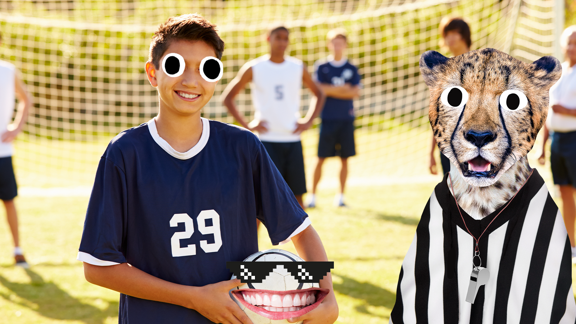 Smiling boy on football field with goofy football and referee cheetah 