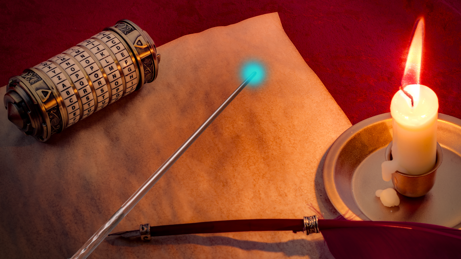 Cryptex, wand and quill on parchment with candle