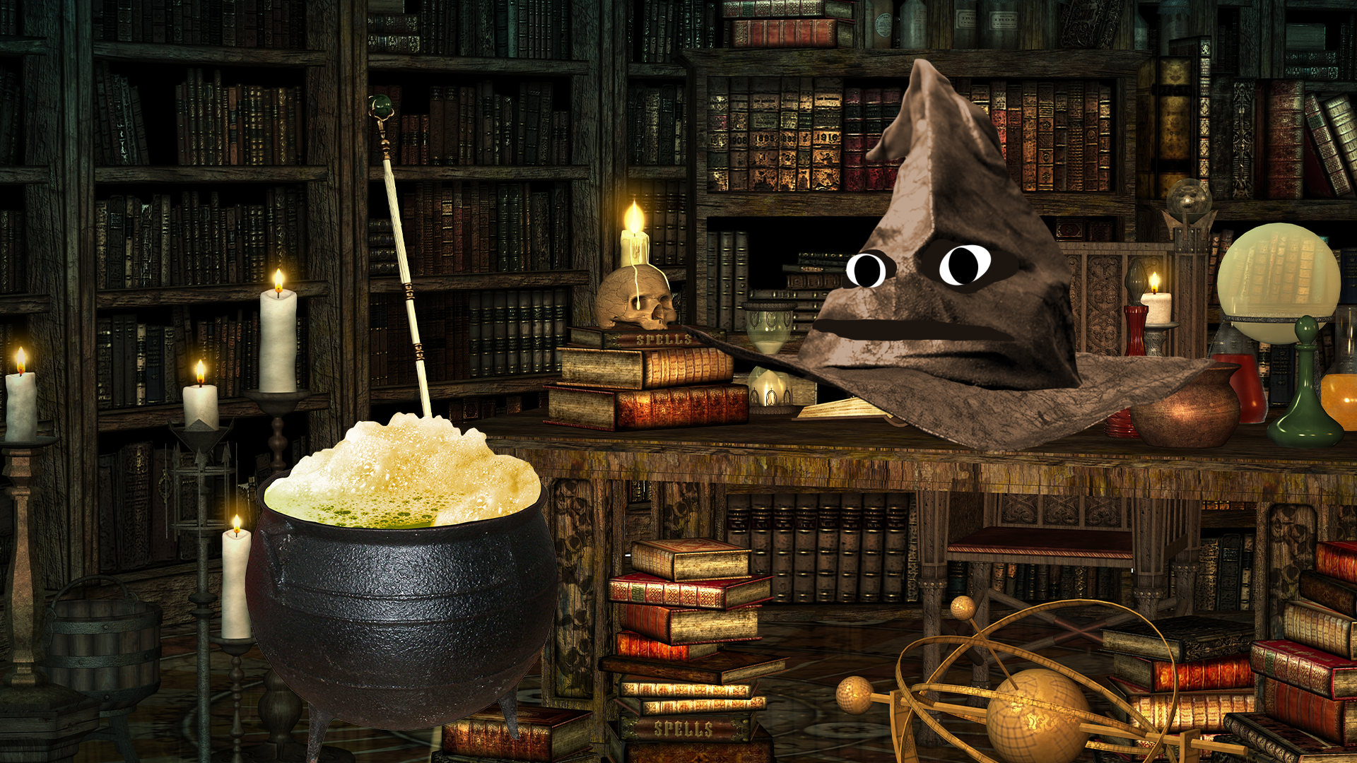 Magic objects and books and Beano cauldron and Sorting Hat