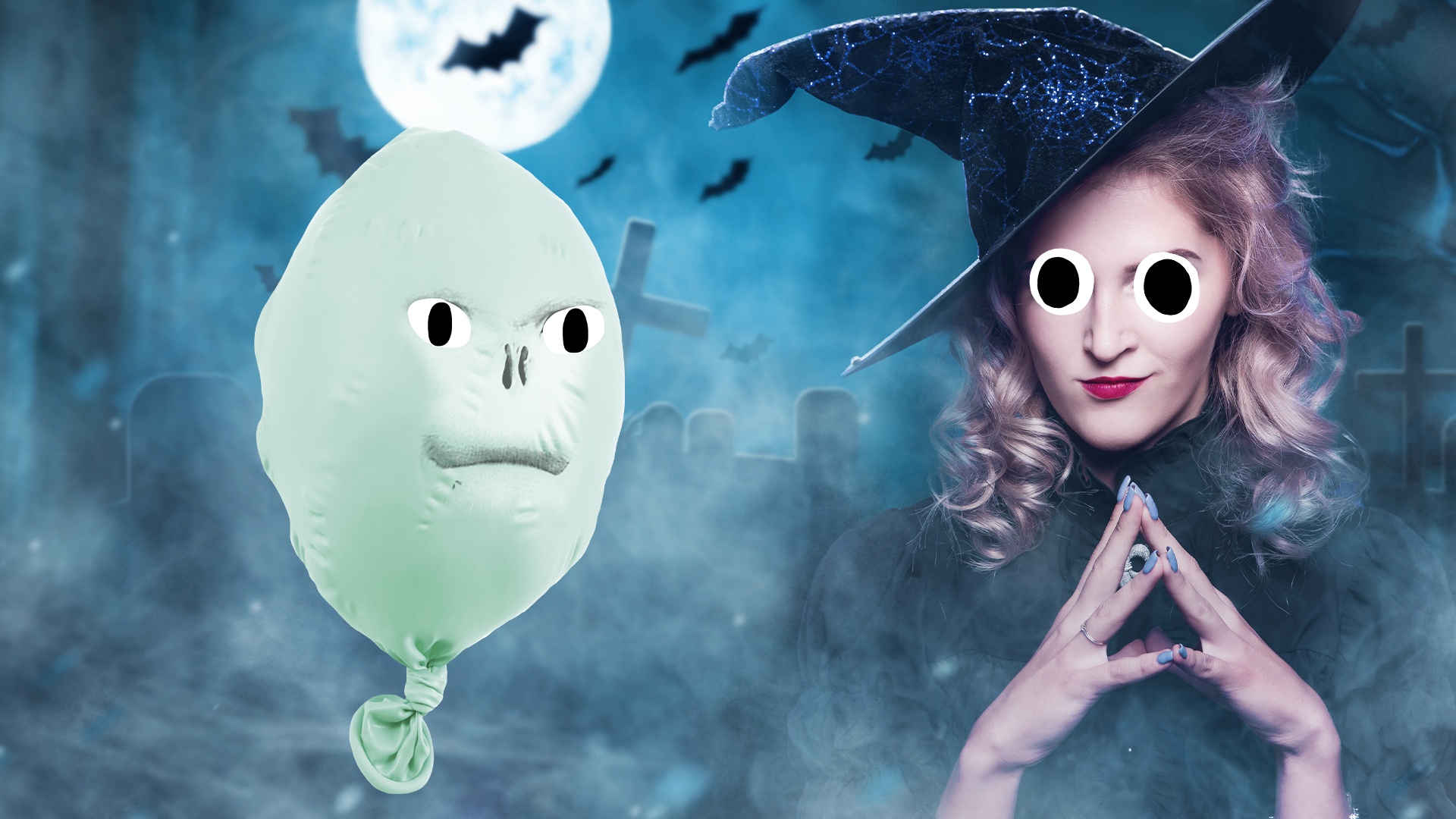 Beano Voldemort balloon and evil looking witch on smoky background