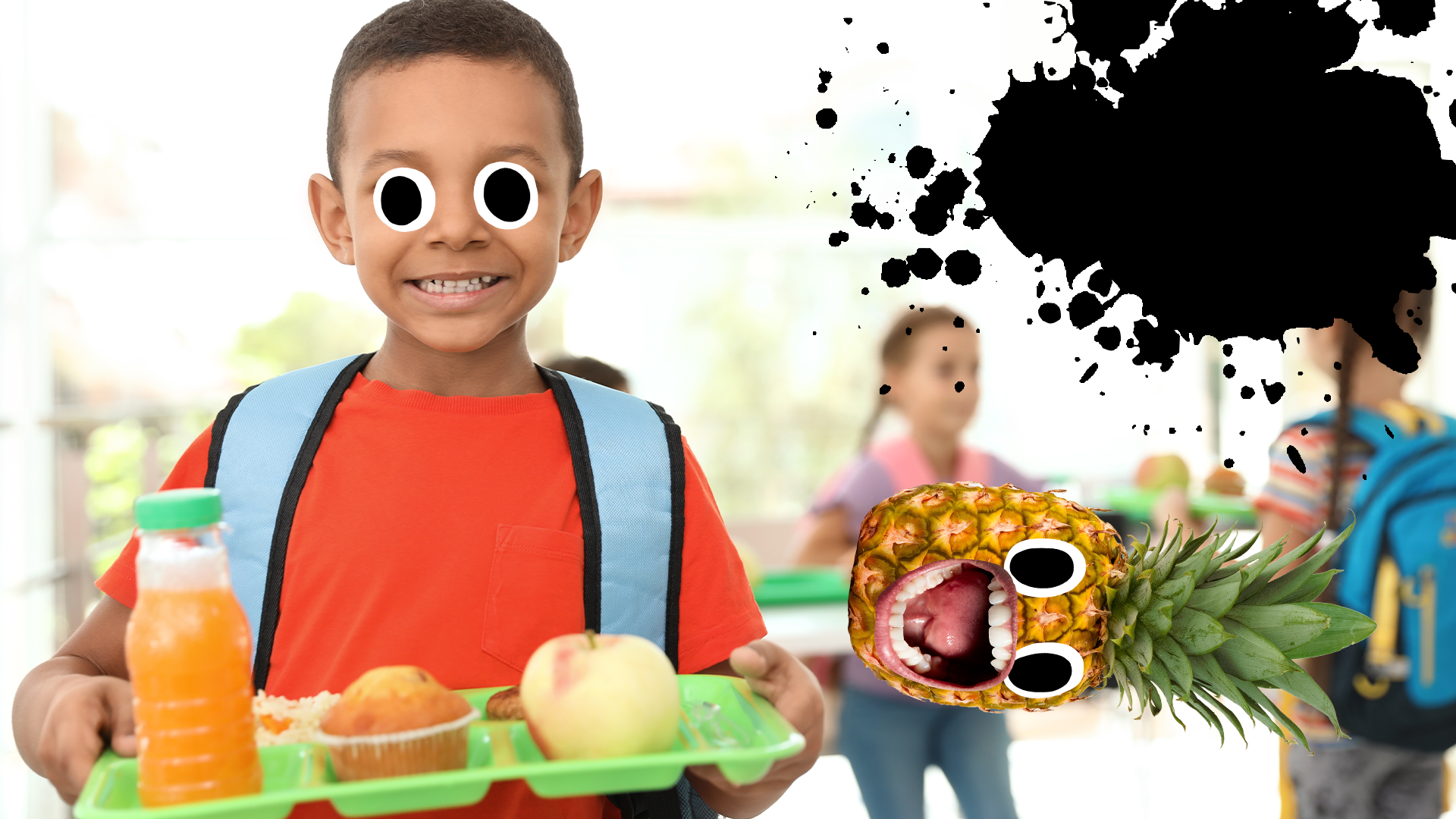 Boy with lunch tray, splat and screaming pineapple 