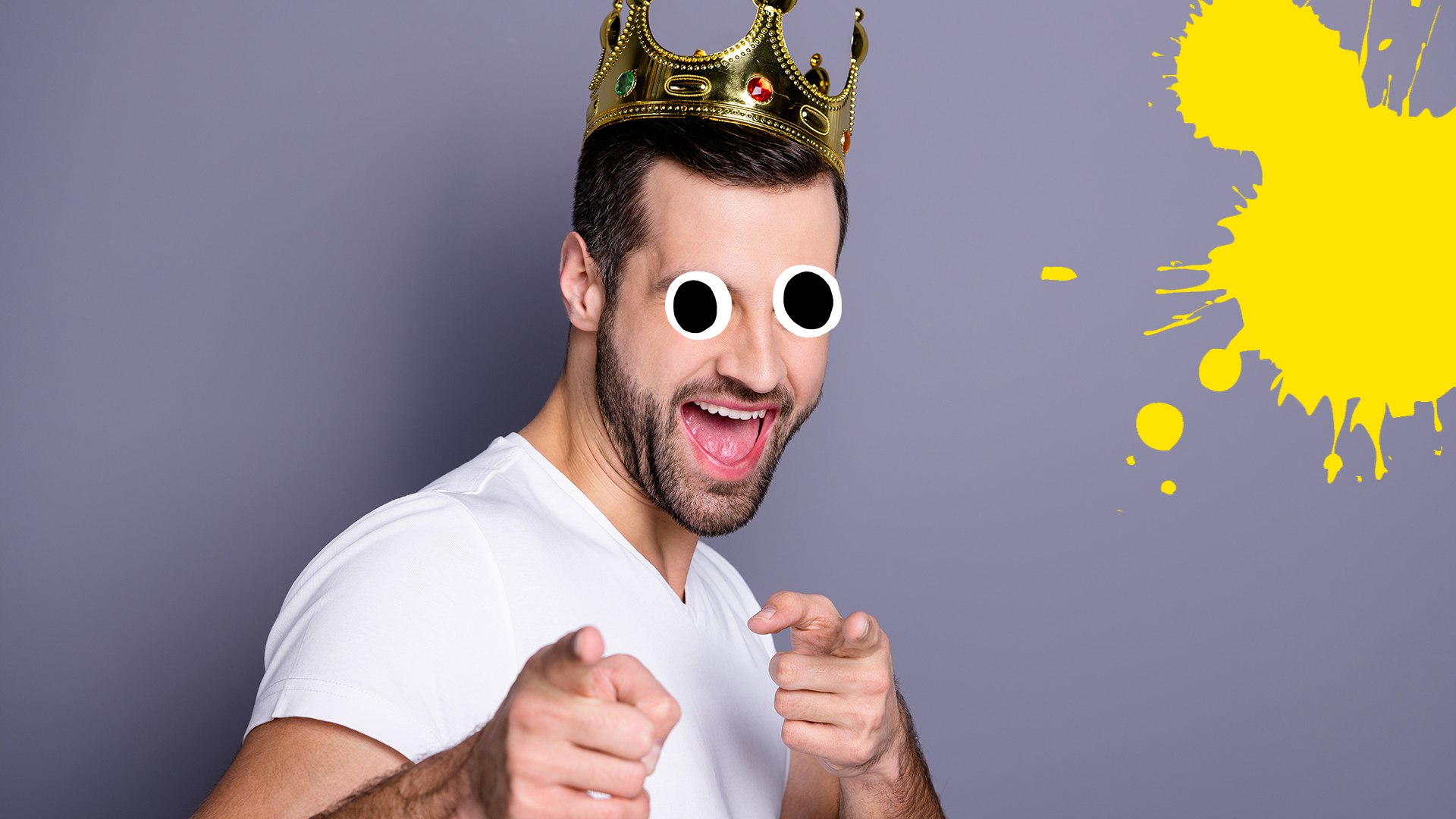 Man in crown on grey background with splats
