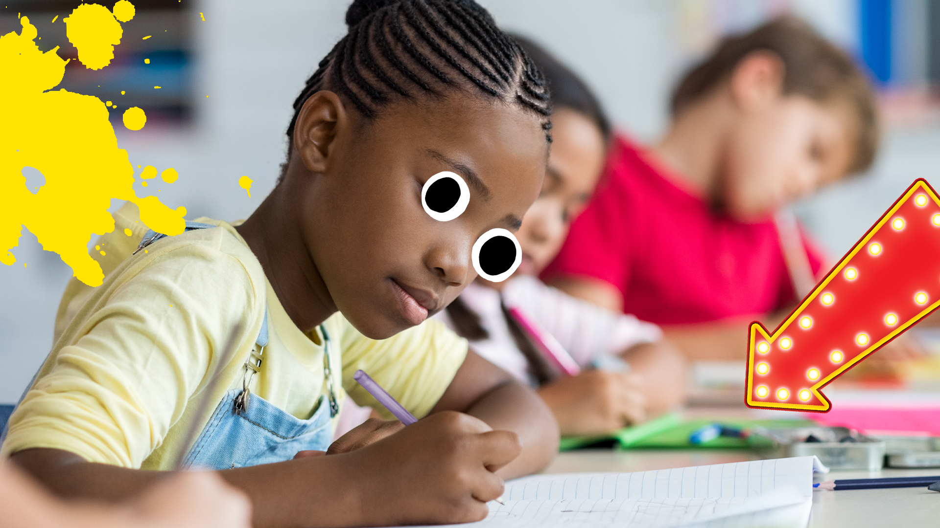 Girl writing in class with arrow and yellow splat 