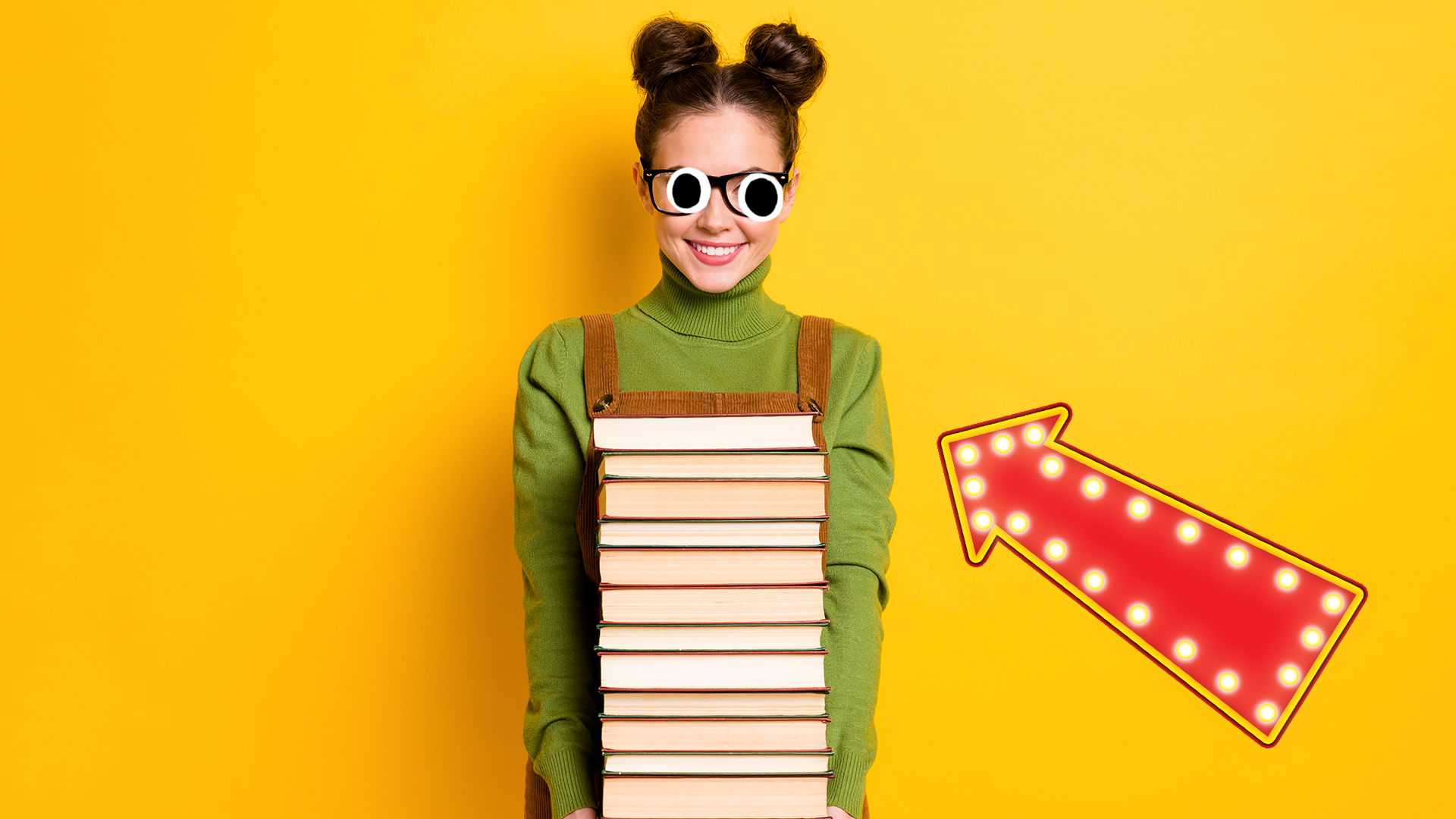 Nerdy looking girl with stack of books on yellow background and arrow 