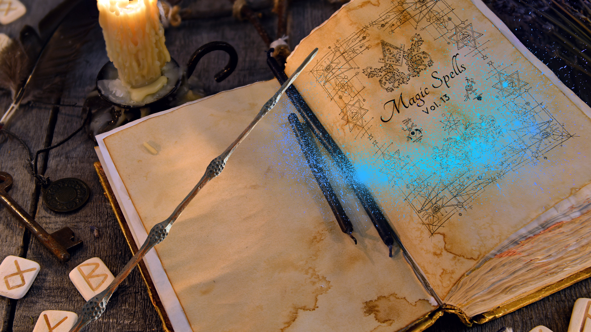 Spell book and runes with Beano wand and magic