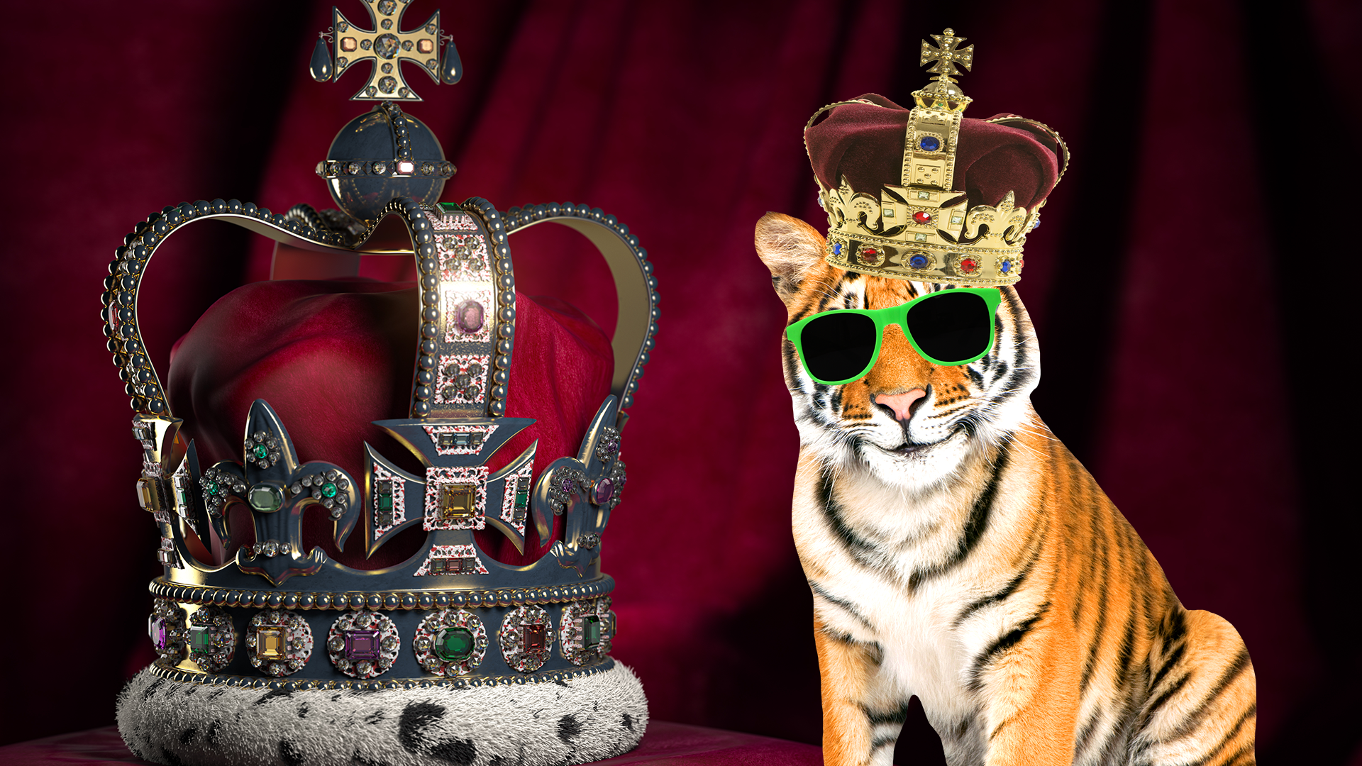 Crown and tiger in crown on red background