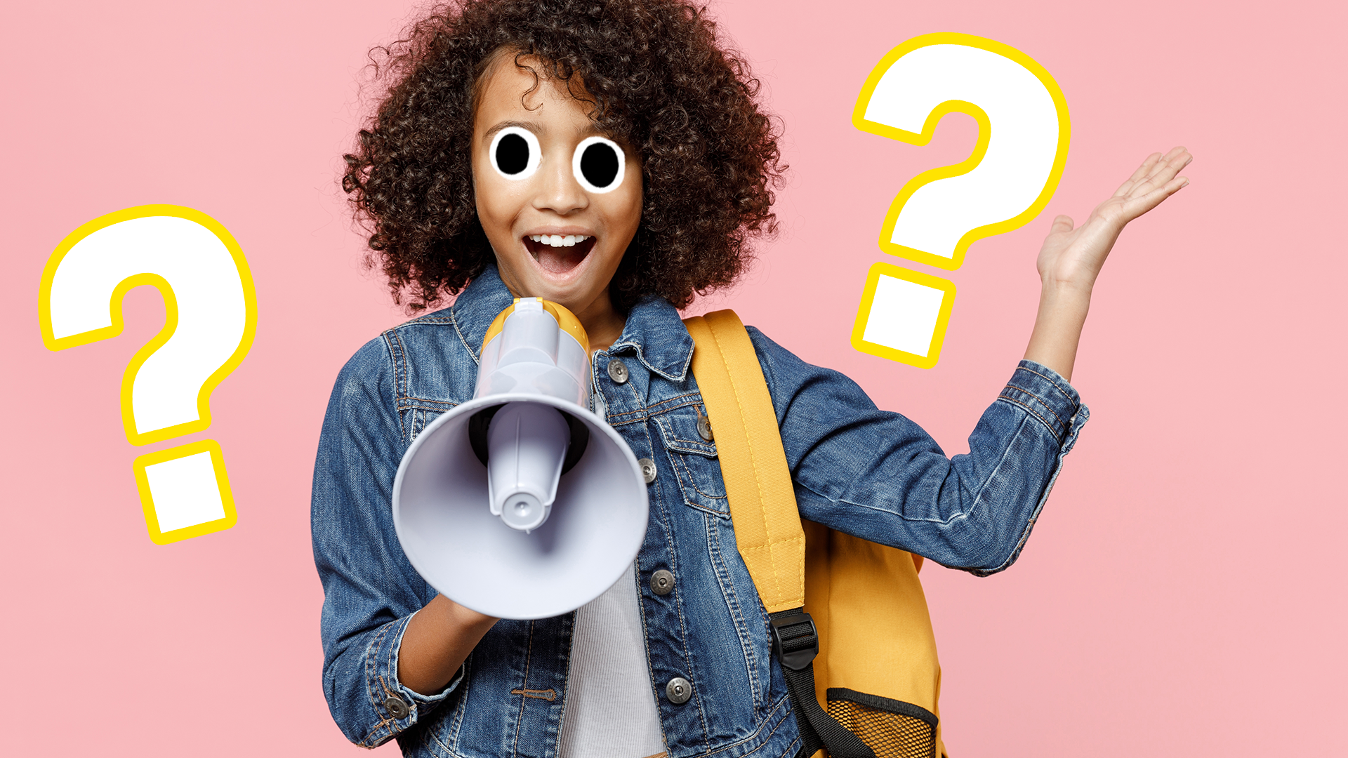 Girl with loud speaker on pink background with question marks 
