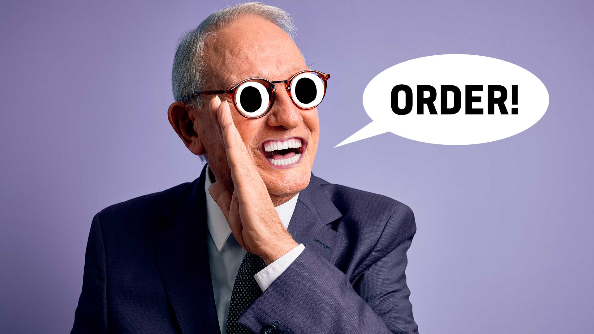 A suited man saying 'order'