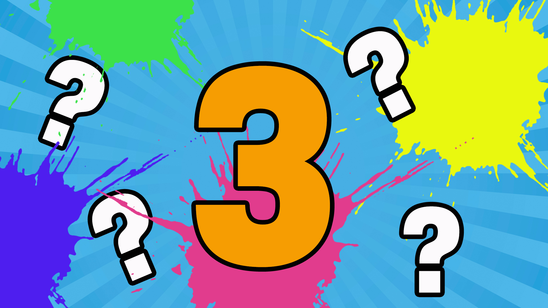 3 with question marks and splats on blue background 
