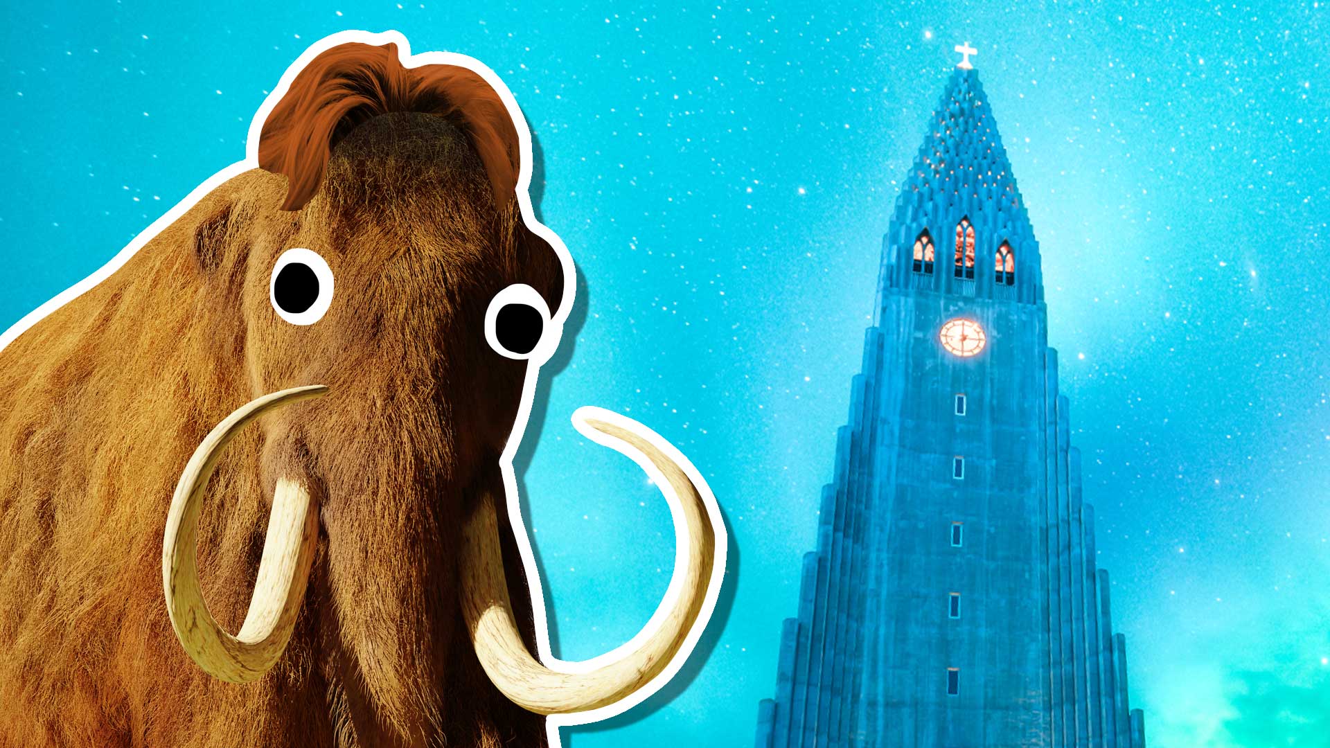 A mammoth standing next to Hallgrimskirkja in Reykjavik