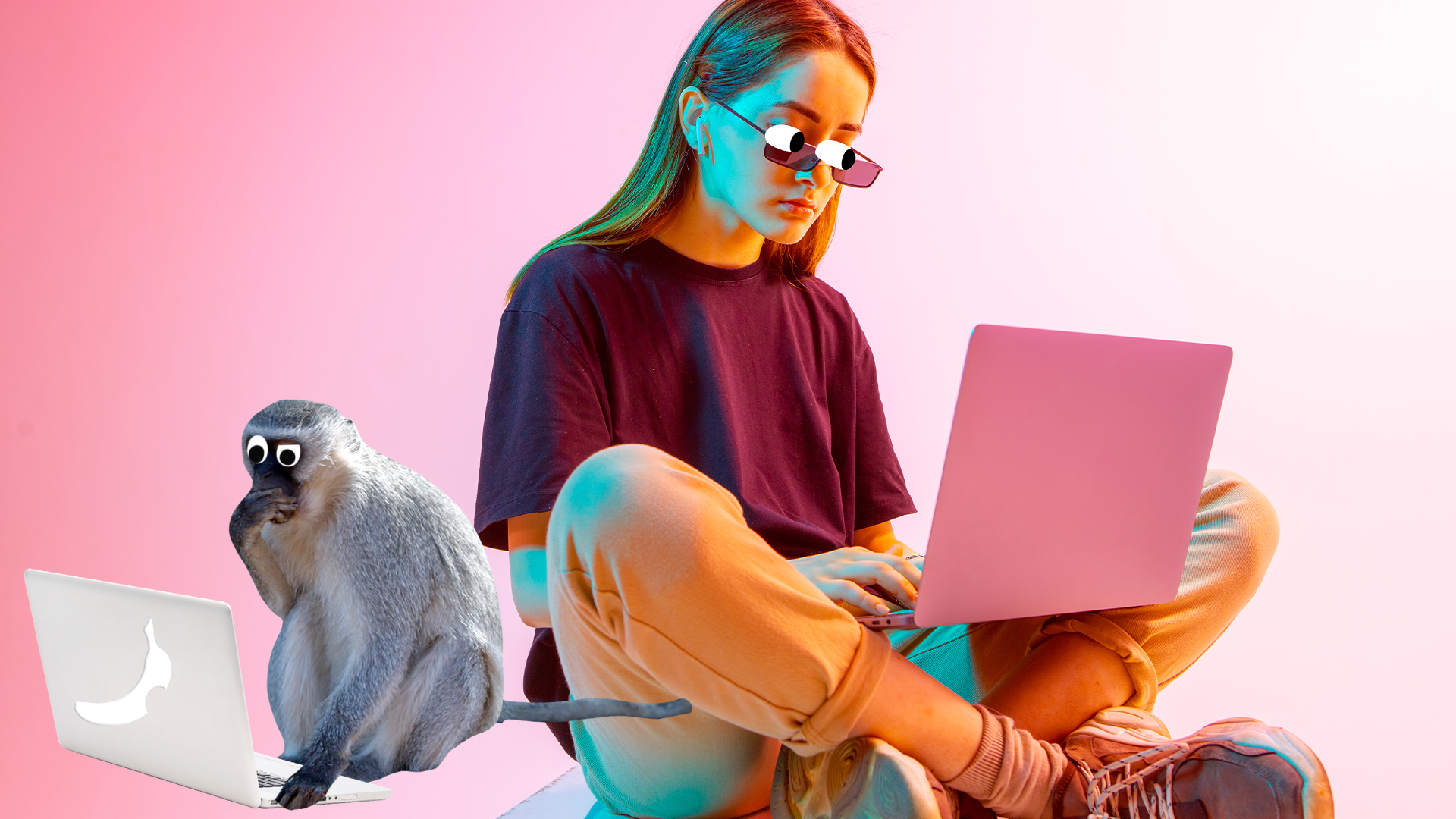 A woman and monkey watching films on their laptops