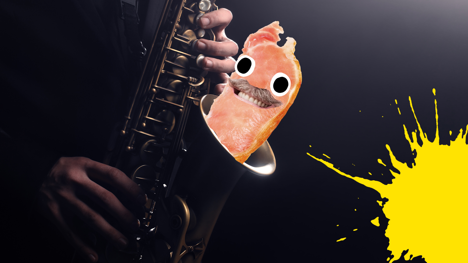 A slice of bacon sticking out of a saxophone