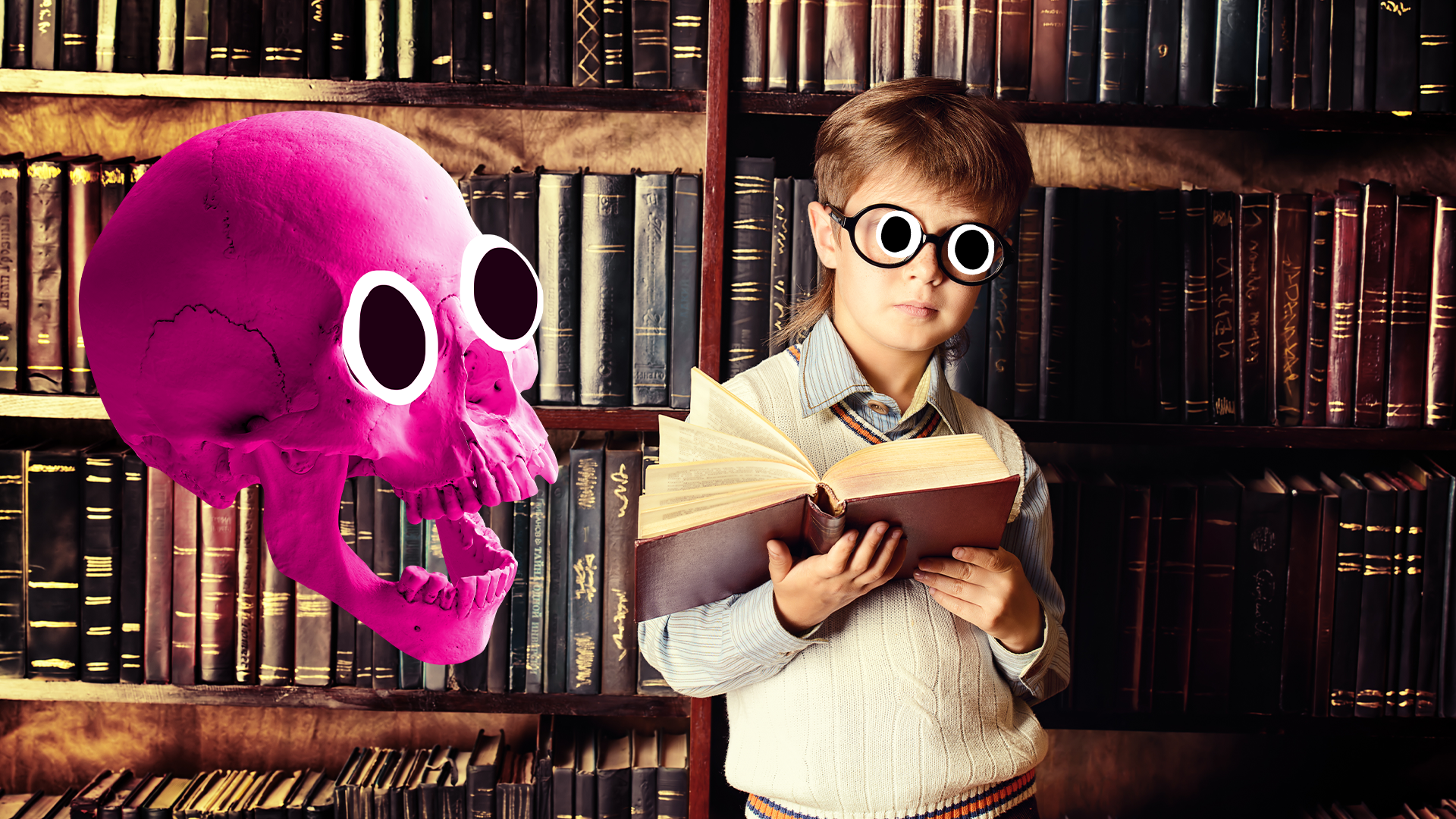 A pink skull floats near a boy in an old library
