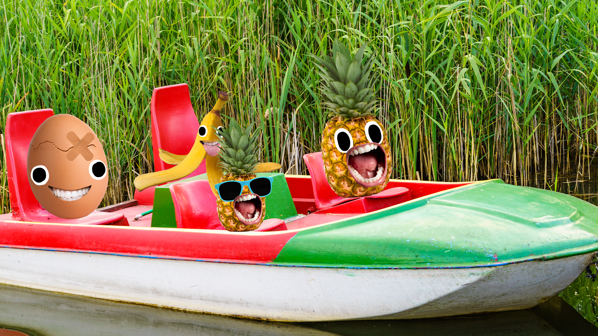 Two pineapples, a banana and an egg in a small pedalo 