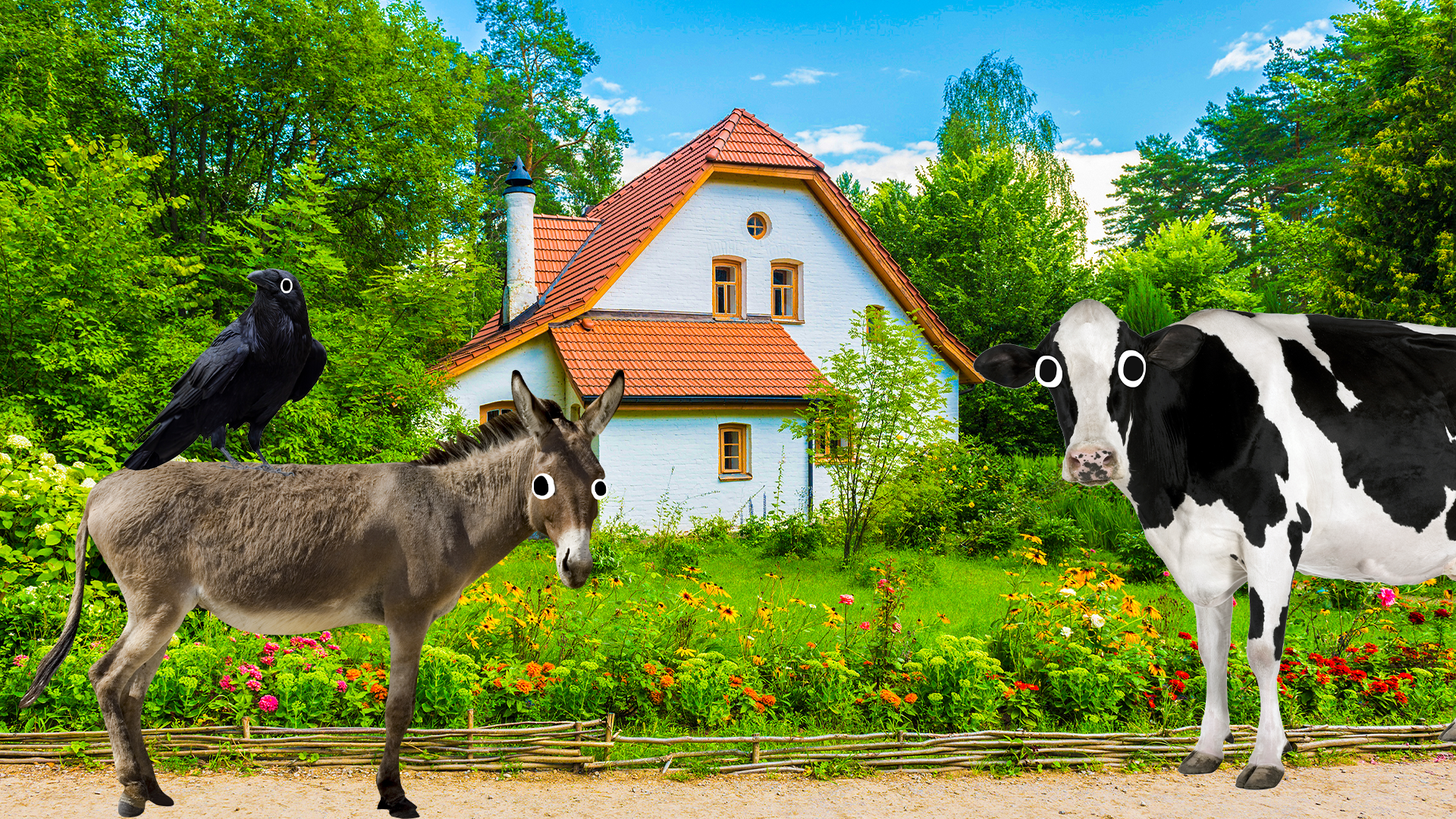 A cute cottage being looked at by a donkey and a cow