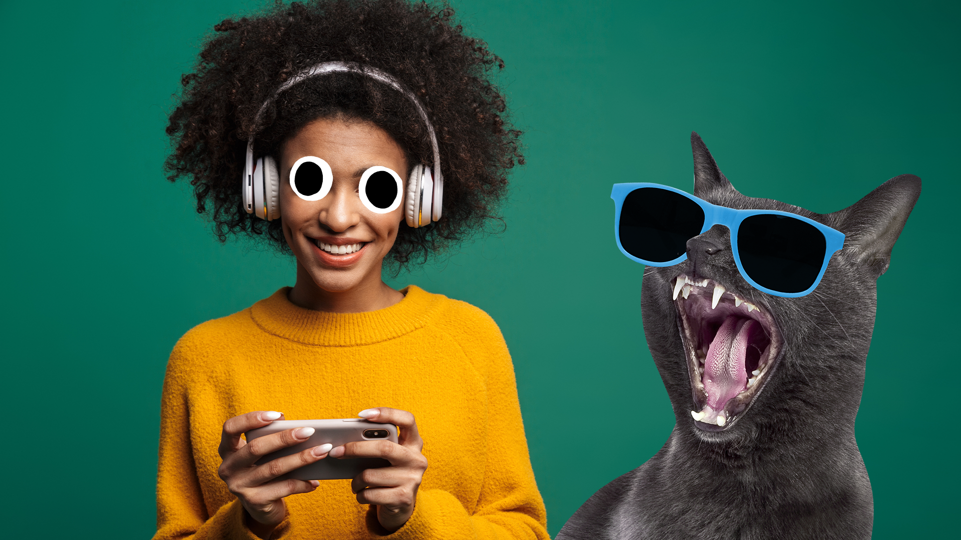 A woman listens to music on big headphones while a cat sings along