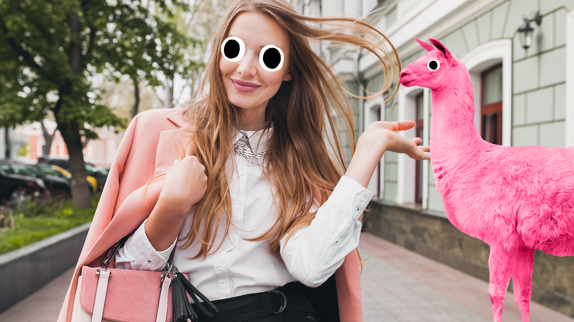 A stylish woman walking past a pink llama