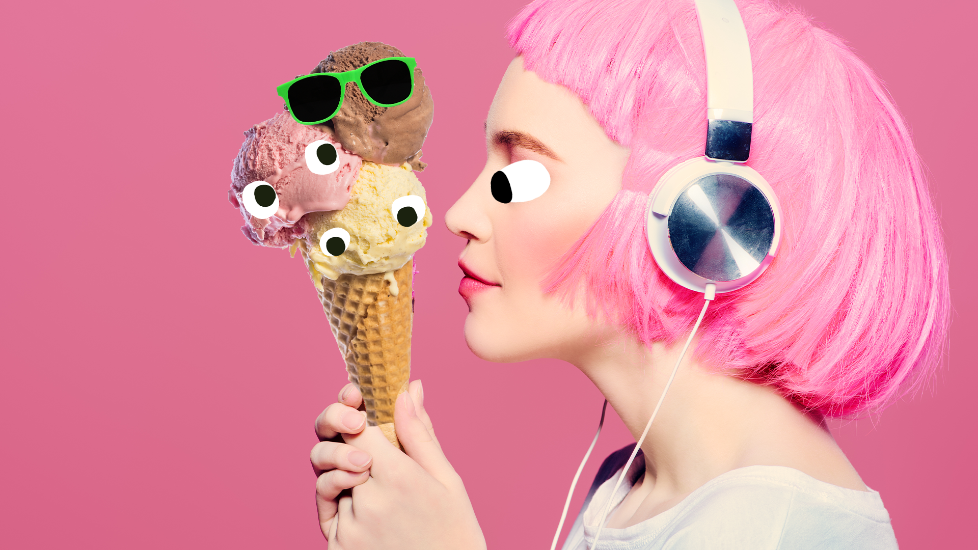 A woman with pink hair looks at a triple scoop of ice cream