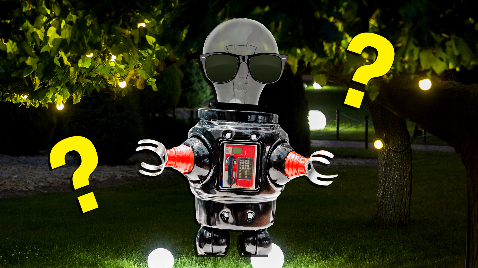 A confused robot in a dark garden