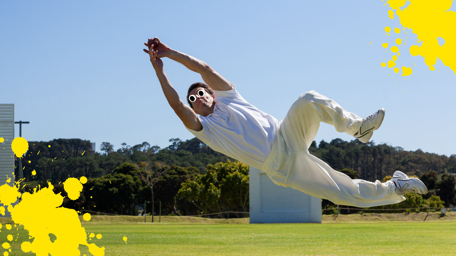 A cricket player making a catch