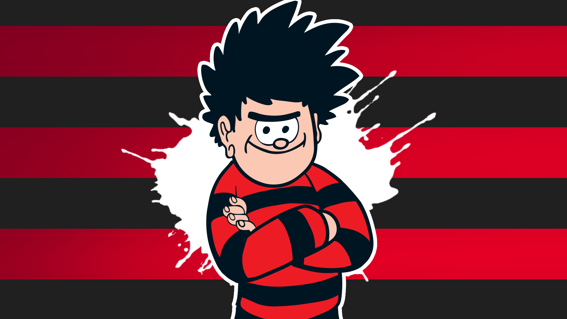 Dennis standing in front of a red and black striped background