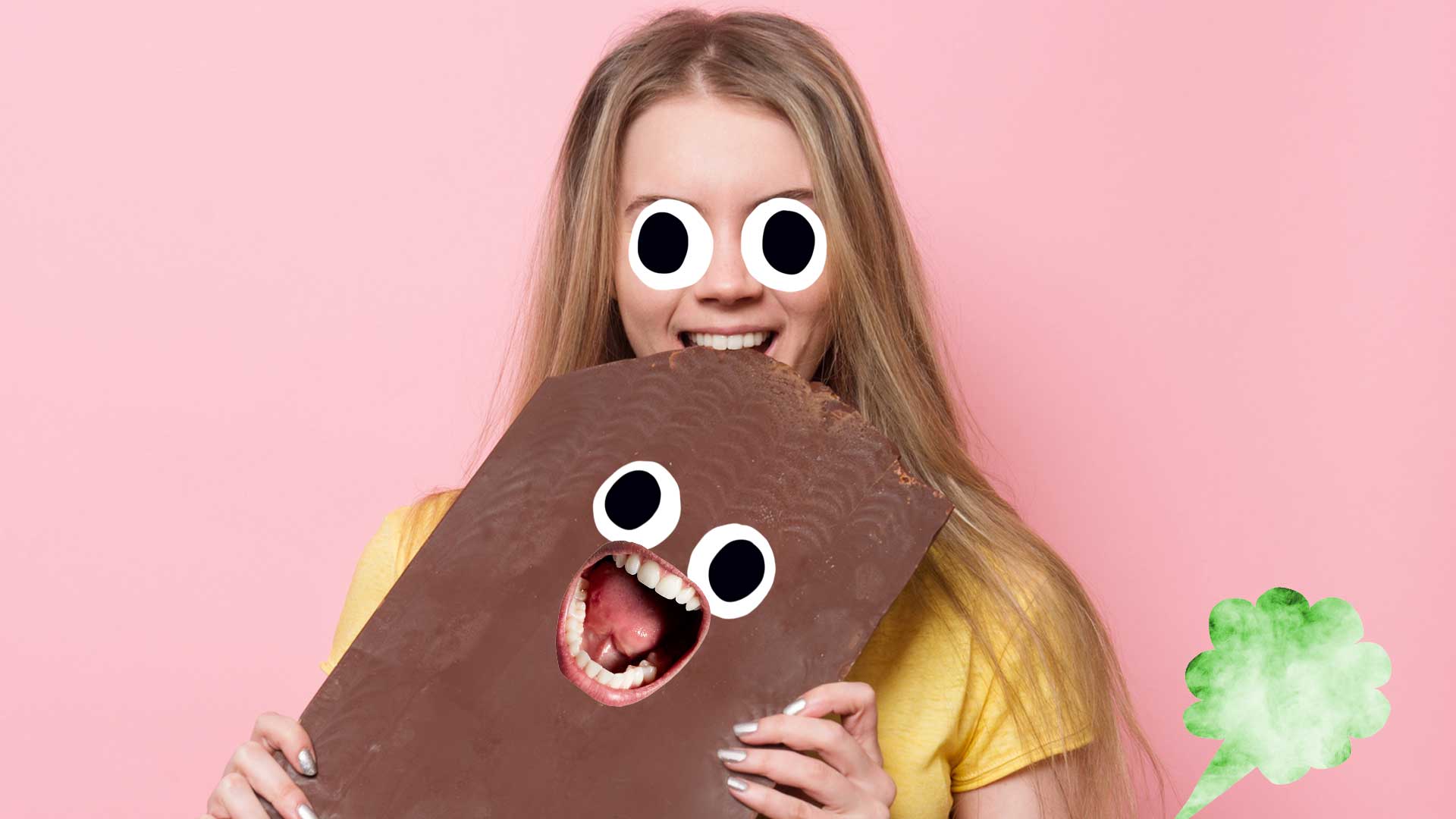 A woman eating a massive bar of chocolate