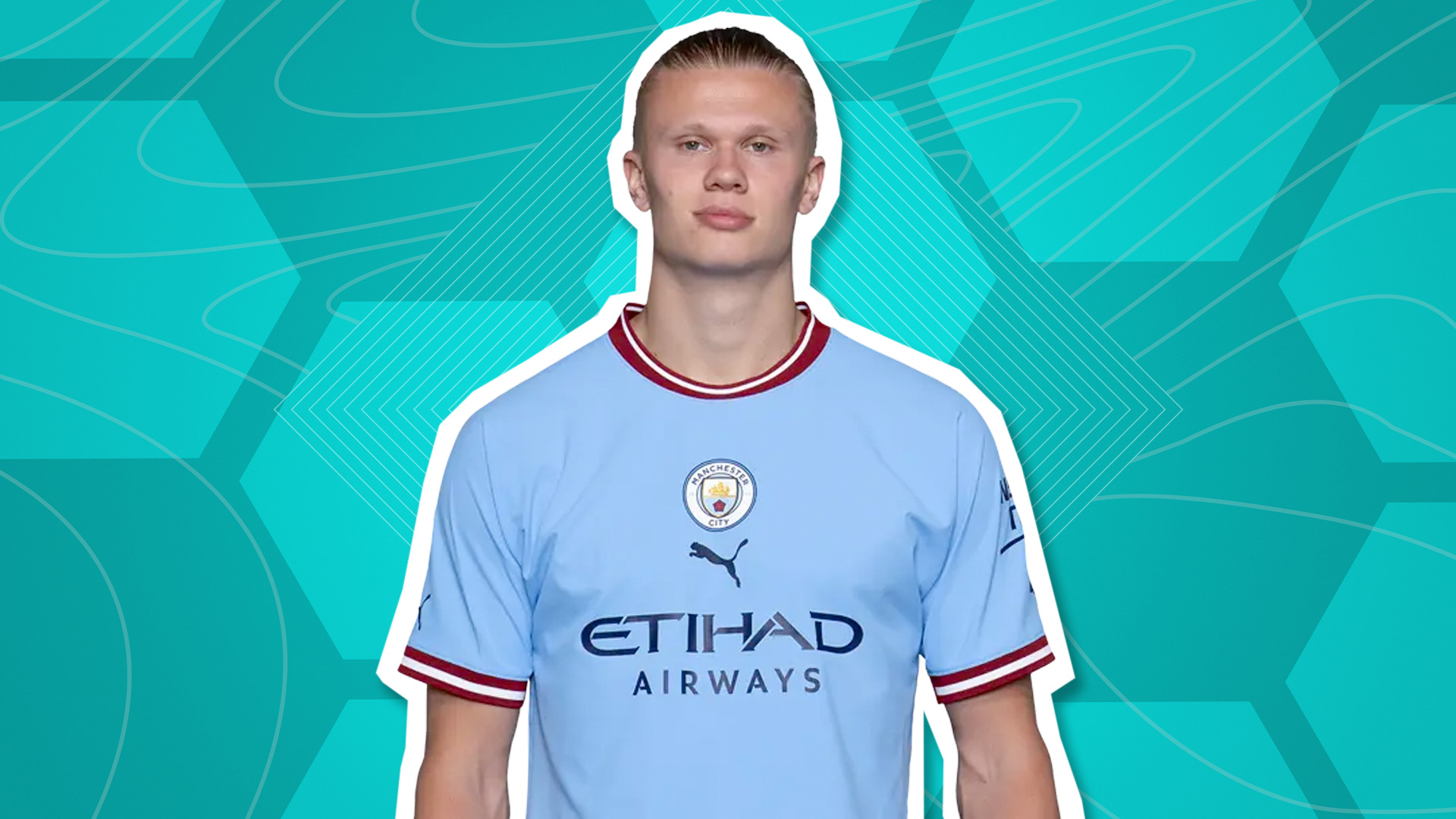 Erling Haaland in a Manchester City kit