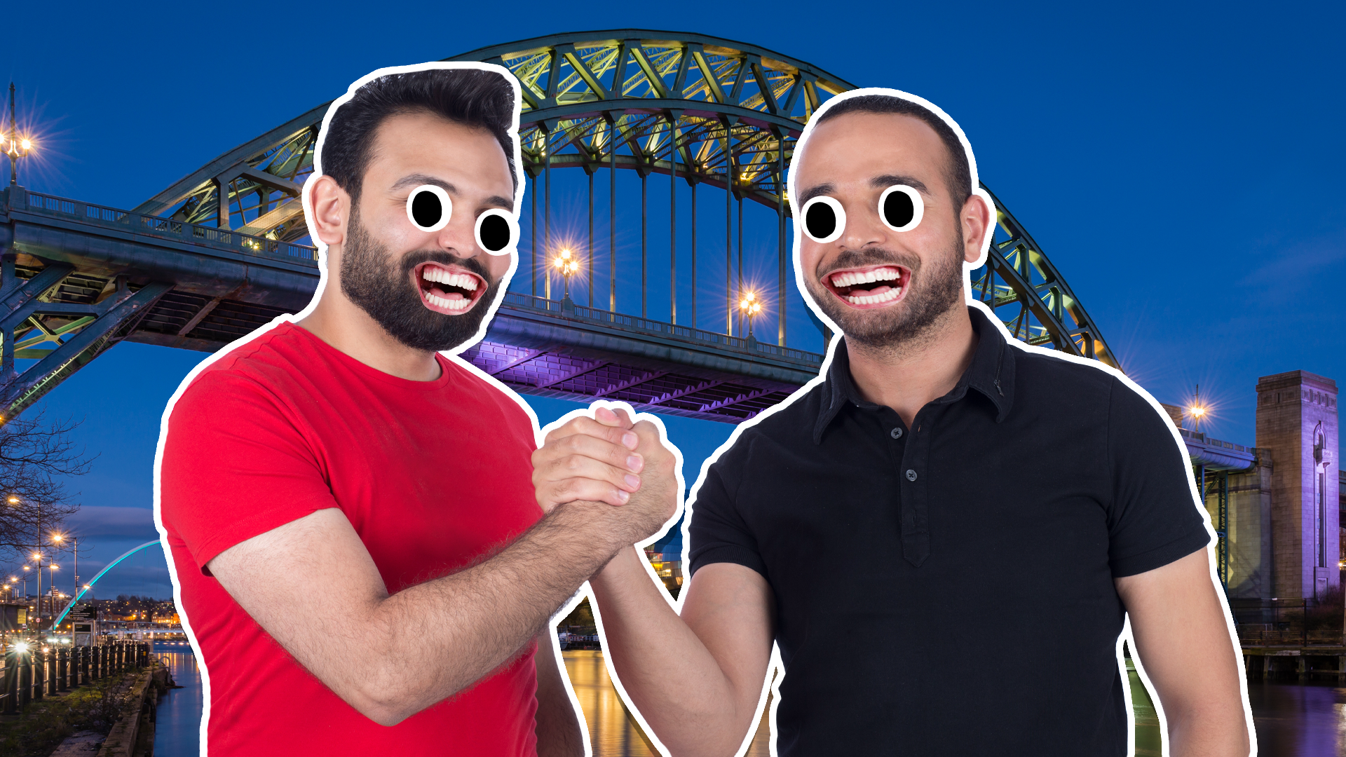Two men shaking hands in front of the Tyne Bridge