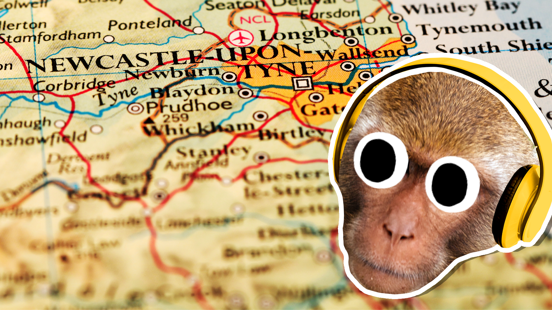 A monkey listening to music on a pair of headphones, with a map of the North East in the background