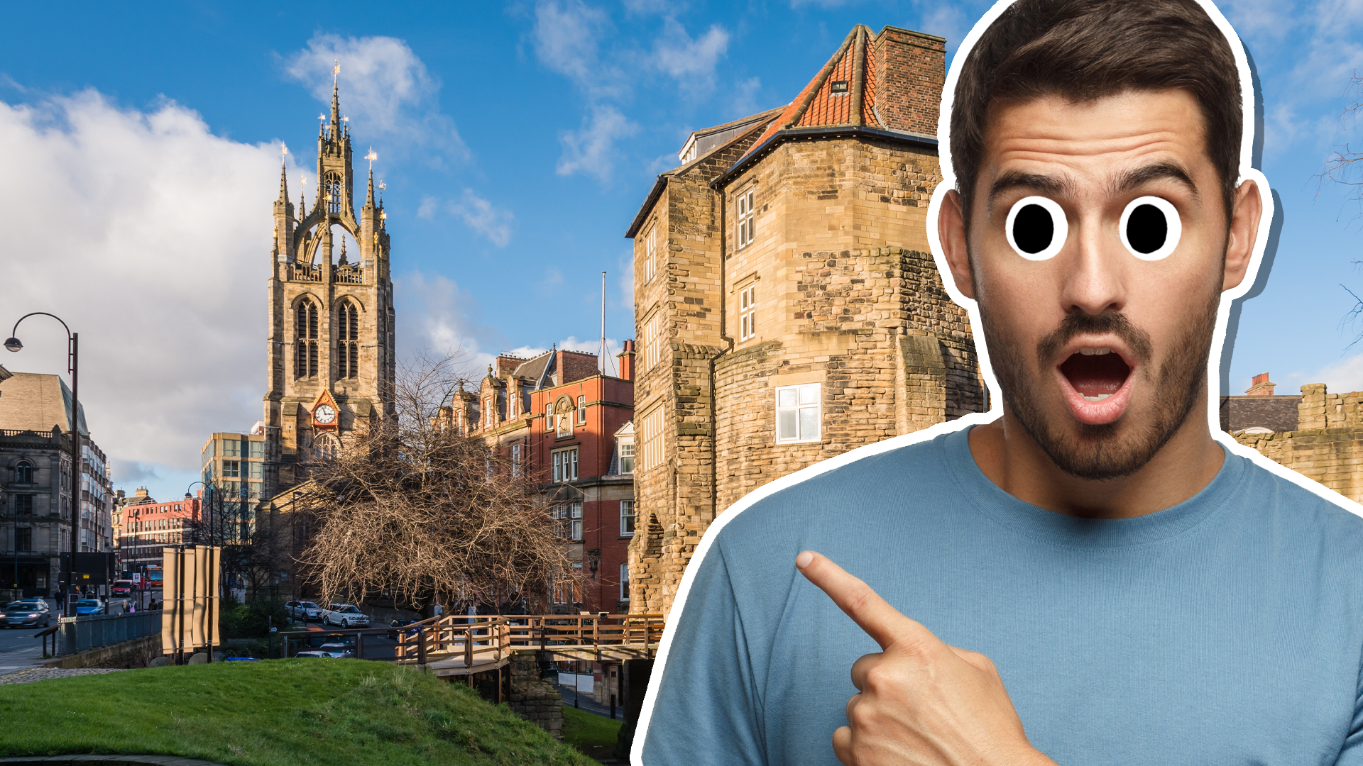 A man pointing at a church in Newcastle