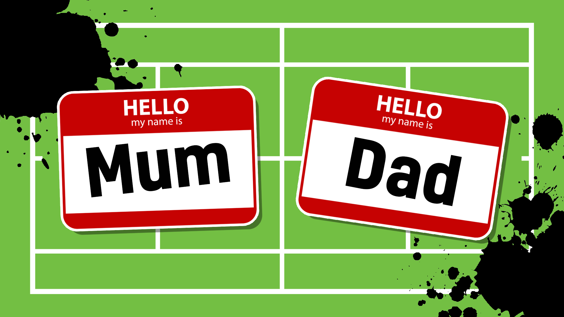 Parent name tags which read 'mum' and 'dad'