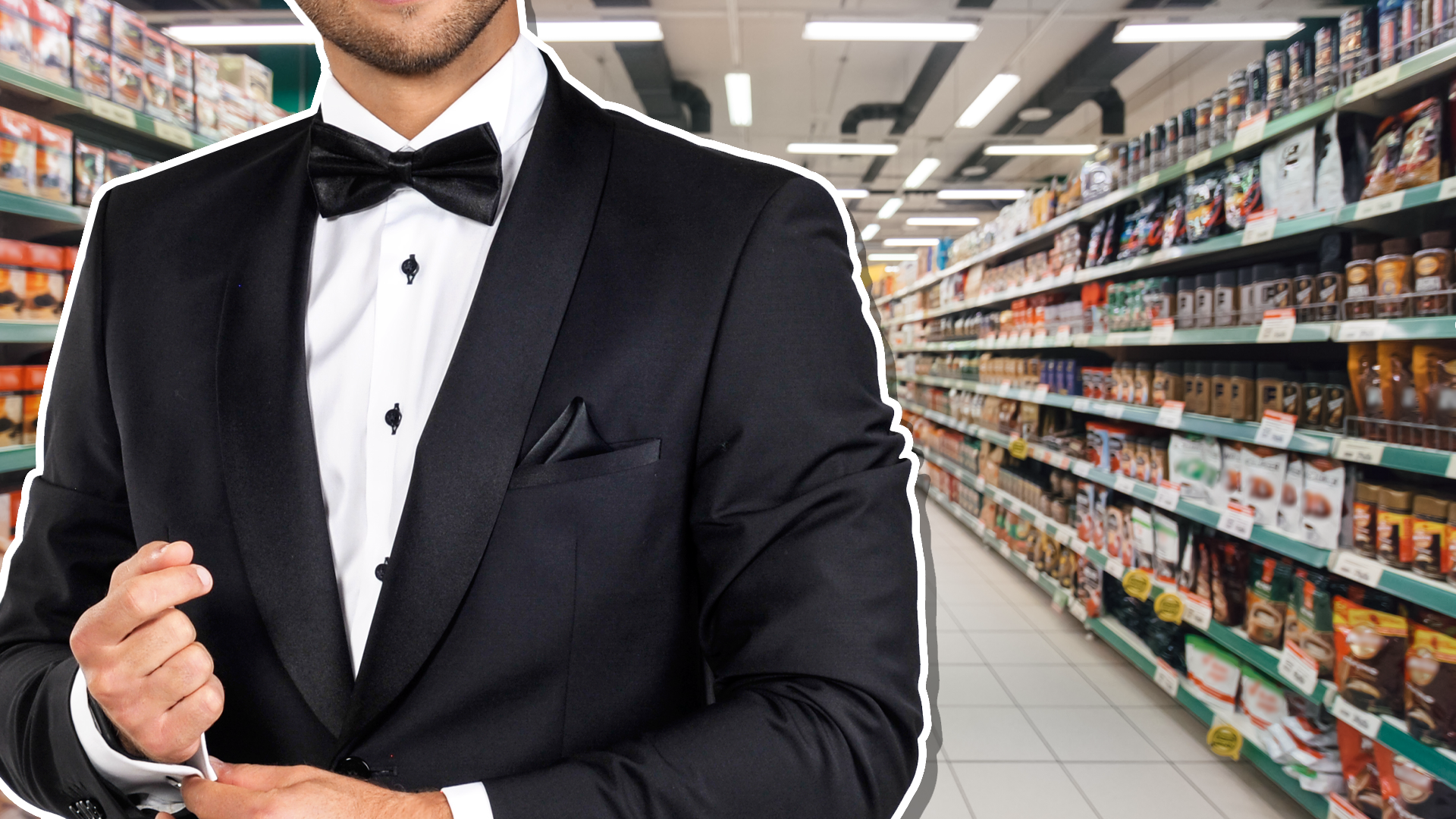 A man in a tuxedo standing in a supermarket