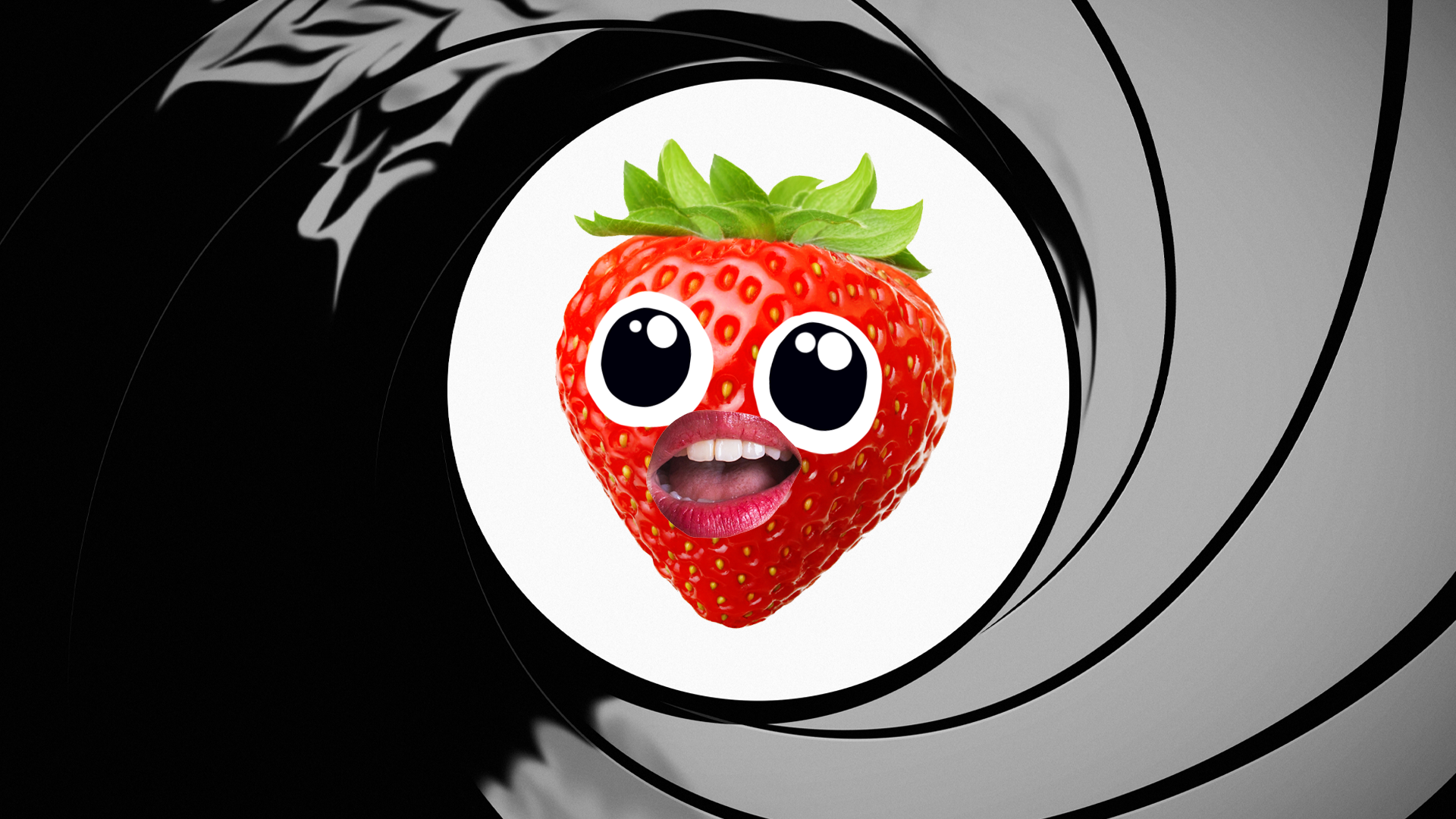 A strawberry in a James Bond style title image