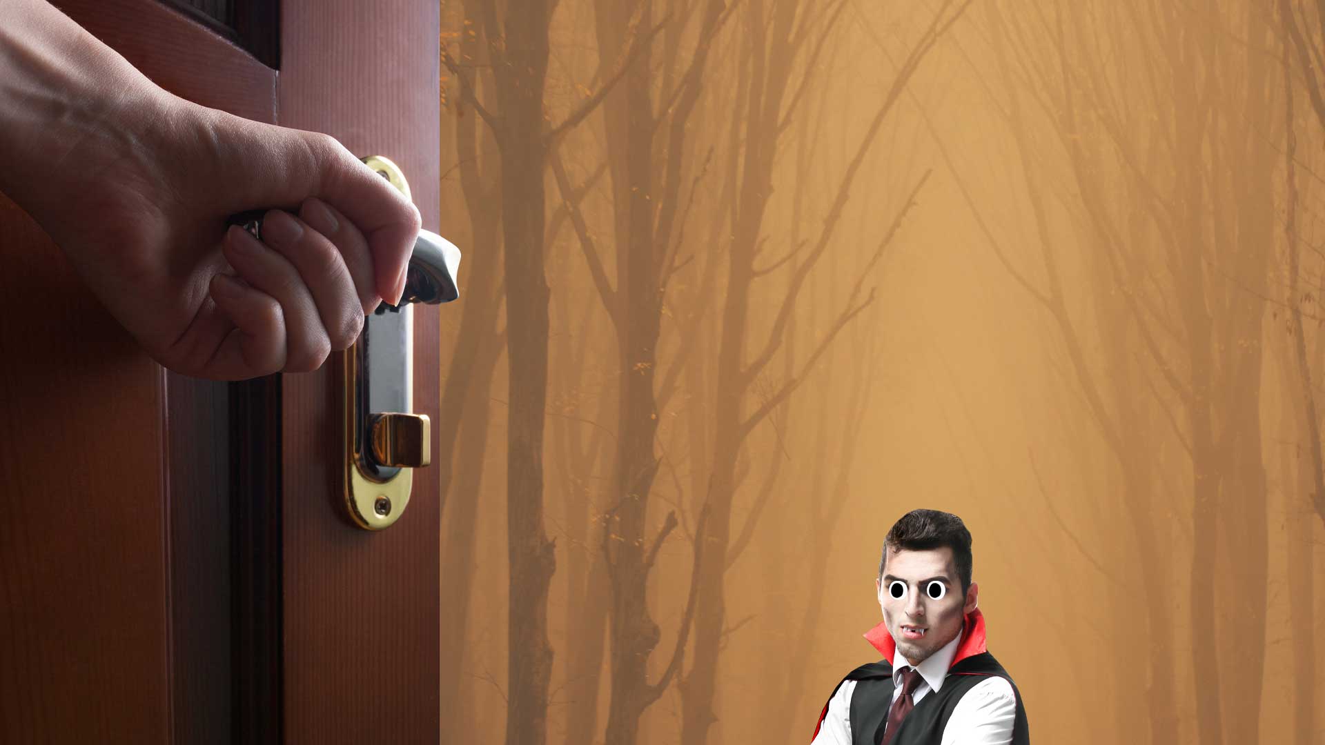 A small vampire waits at an open door
